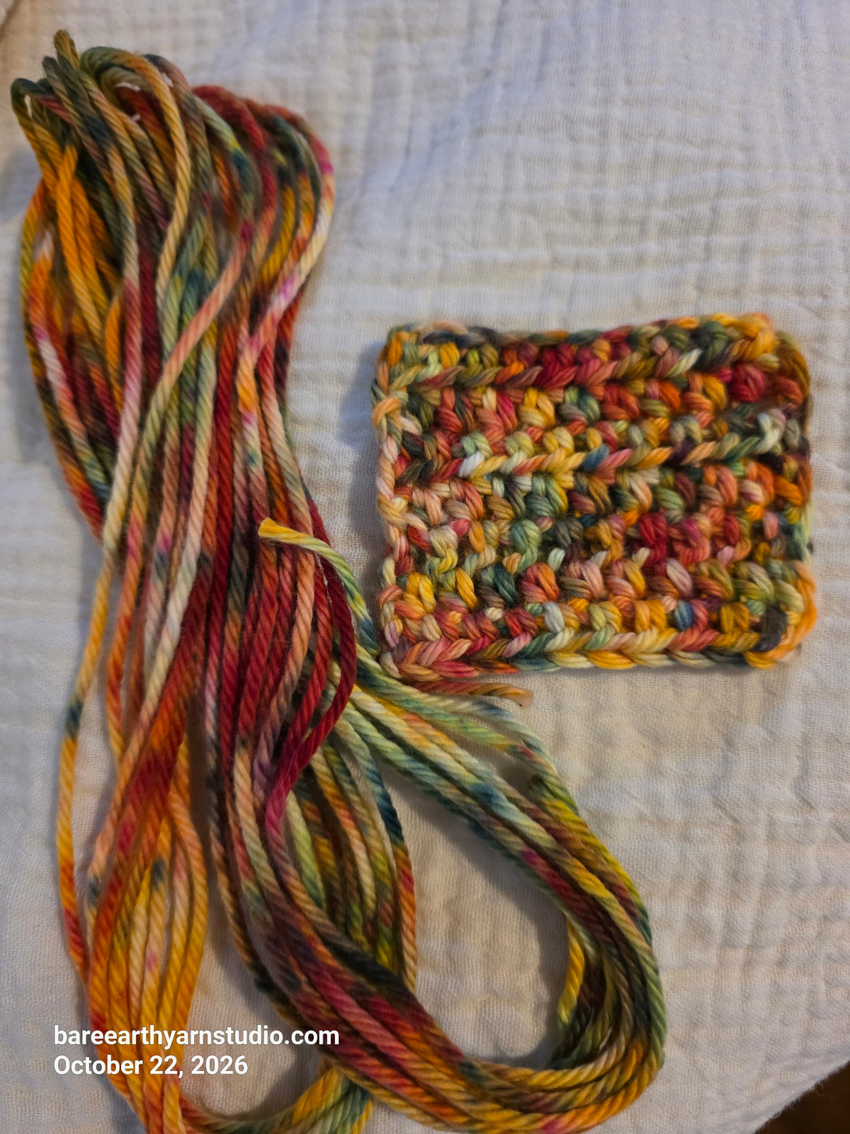 Falltide hand-dyed organic cotton yarn skein with crocheted swatch